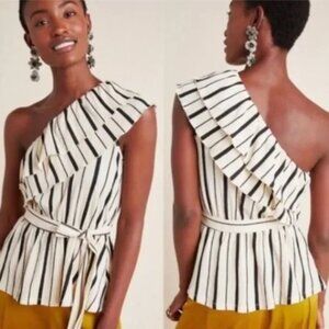 Maeve by Anthropologie One-Shoulder Ruffle Striped Belted Top Size XL